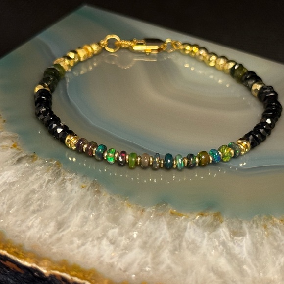 Black Welo Opal, Tourmaline,Pyrite 18kt Gold Vermeil Bracelet - Picture 2 of 8